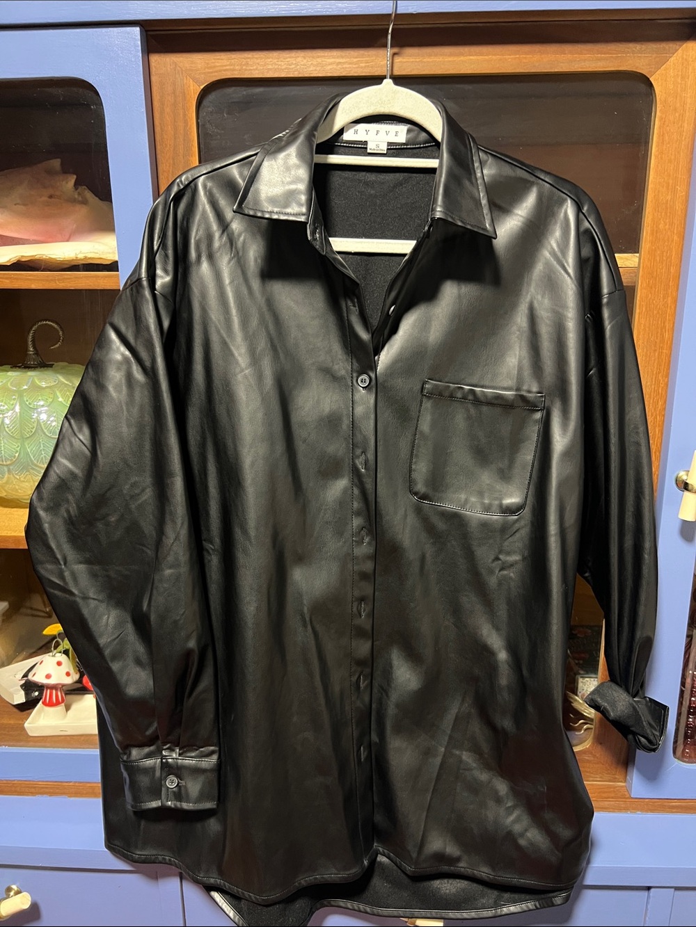 Black Faux Leather womens Shirt - Classic Button-Up
